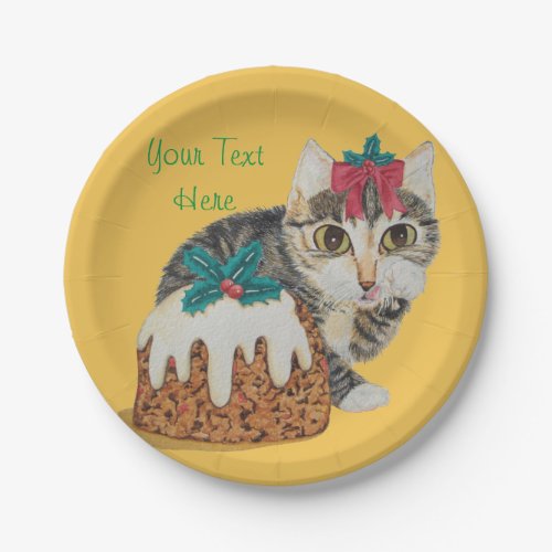 cute kitten gray tabby licking paw christmas paper plates