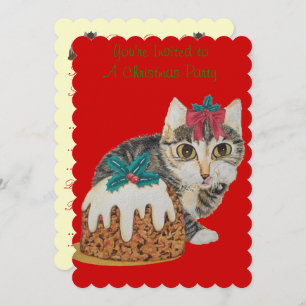 cute kitten gray tabby licking paw christmas party invitation