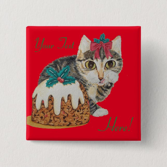 cute kitten gray tabby licking paw christmas pinback button (Front)