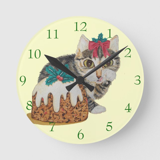 cute kitten gray tabby licking paw christmas round clock (Front)