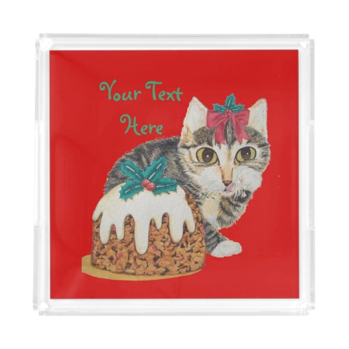 cute kitten gray tabby licking paws christmas acrylic tray