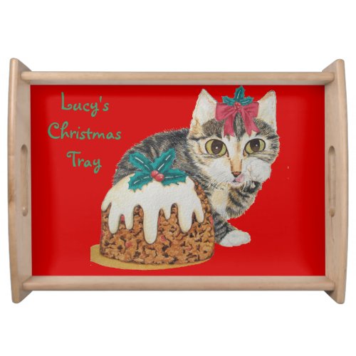cute kitten gray tabby licking paws christmas serving tray