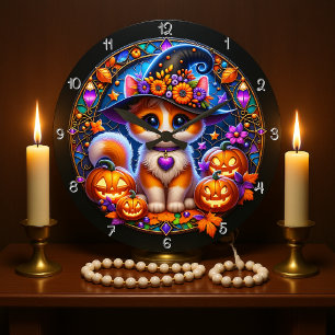 Cute Kitten Halloween Stained Glass Large Clock