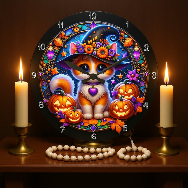 Cute Kitten Halloween Stained Glass Large Clock (Creator Uploaded)