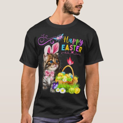 Cute Kitten Happy Easter Cat Bunny And Eggs Kids W T_Shirt