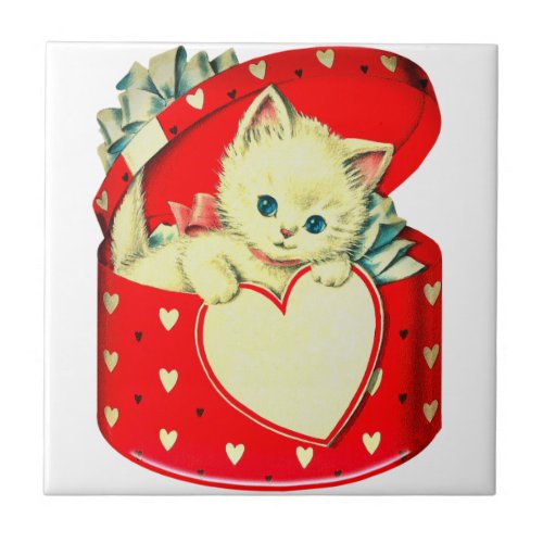 Cute Kitten Heart Vintage Cat Retro Kitty Ceramic Tile