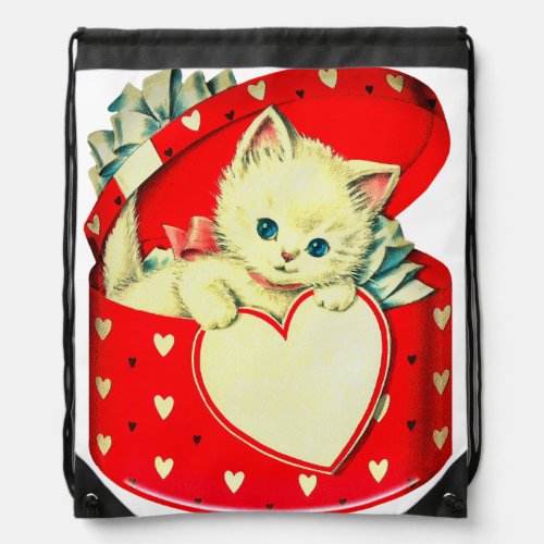 Cute Kitten Heart Vintage Cat Retro Kitty Drawstring Bag
