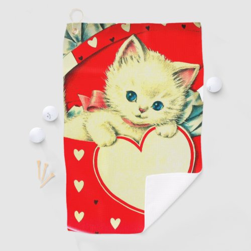 Cute Kitten Heart Vintage Cat Retro Kitty Golf Towel