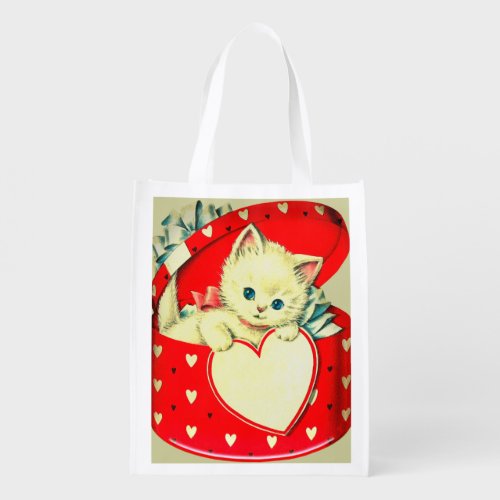 Cute Kitten Heart Vintage Cat Retro Kitty Grocery Bag