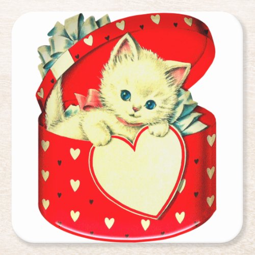 Cute Kitten Heart Vintage Cat Retro Kitty Square Paper Coaster