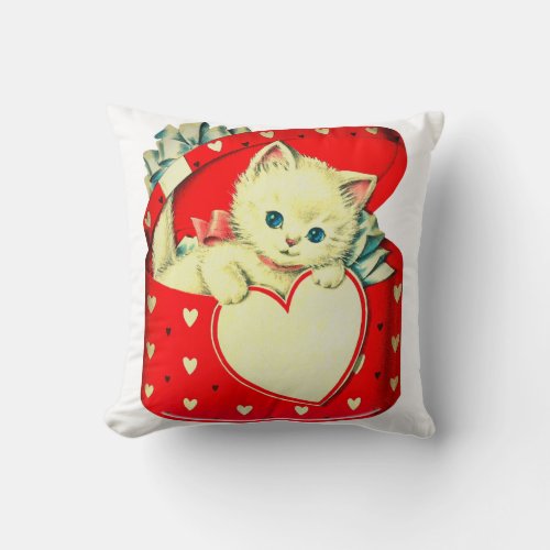 Cute Kitten Heart Vintage Cat Retro Kitty Throw Pillow