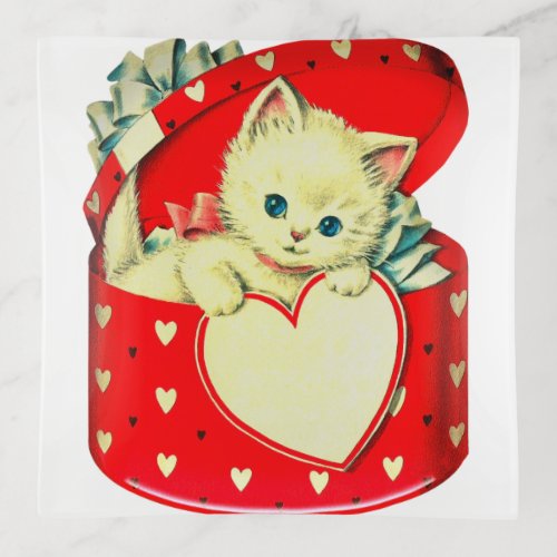 Cute Kitten Heart Vintage Cat Retro Kitty Trinket Tray