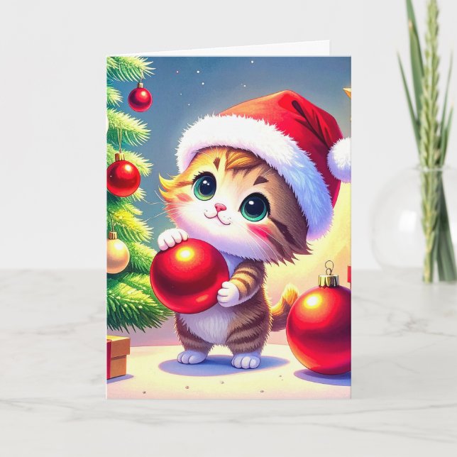 Cute Kitten Helping With The Christmas Tree Holiday Card (Front)