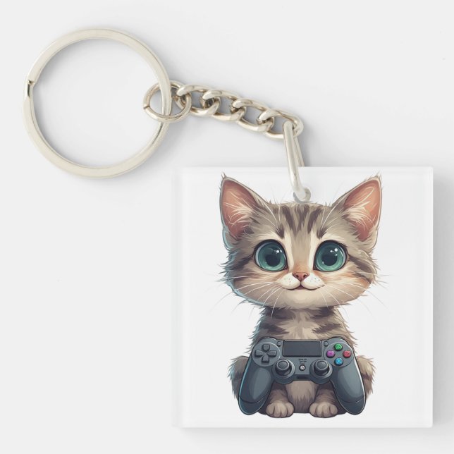 Cute Kitten Holding Game Controller Gamer Cat Keychain (Front)