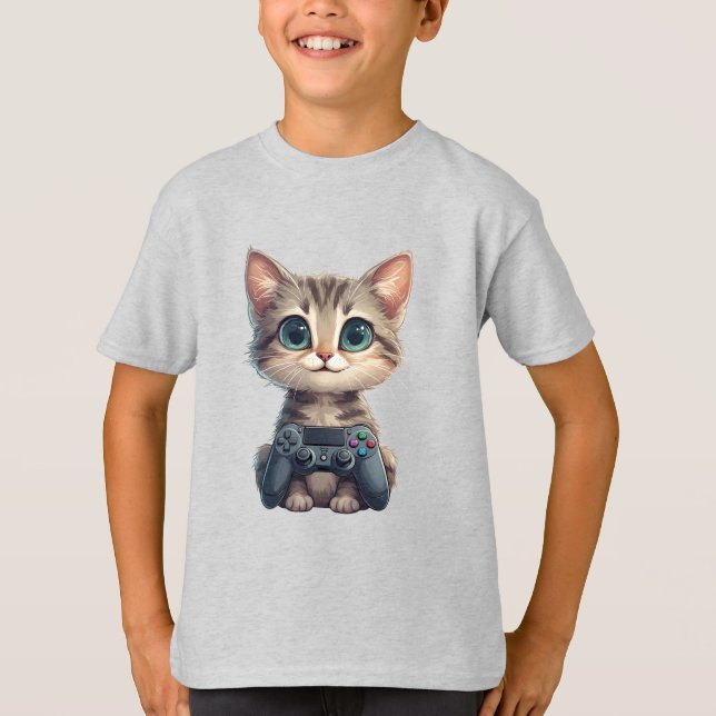 Cute Kitten Holding Game Controller Gamer Cat T-Shirt (Front)