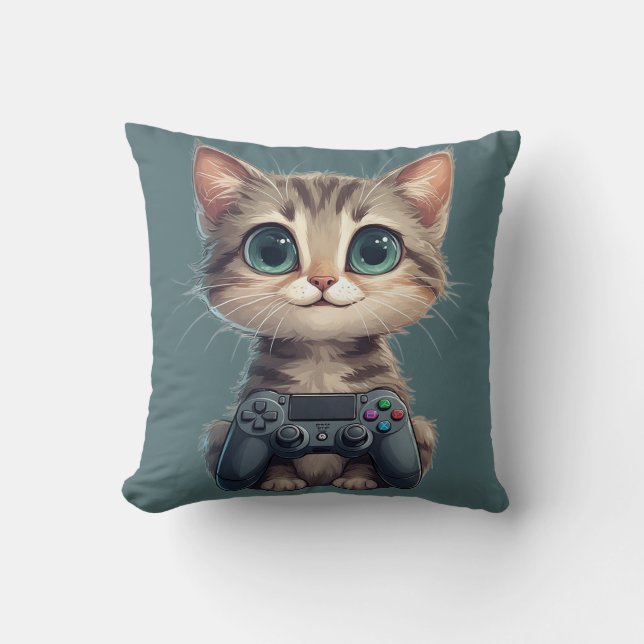 Cute Kitten Holding Game Controller Gamer Cat Throw Pillow (Front)