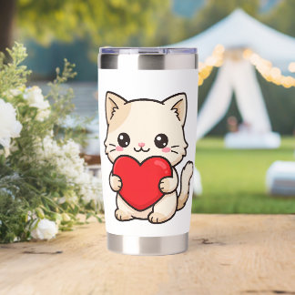 Cute Kitten Holding Red Heart - Adorable Kawaii Ca Insulated Tumbler