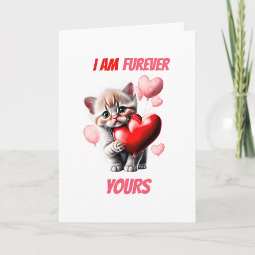 Cute kitten holding red heart furever yours cat  holiday card