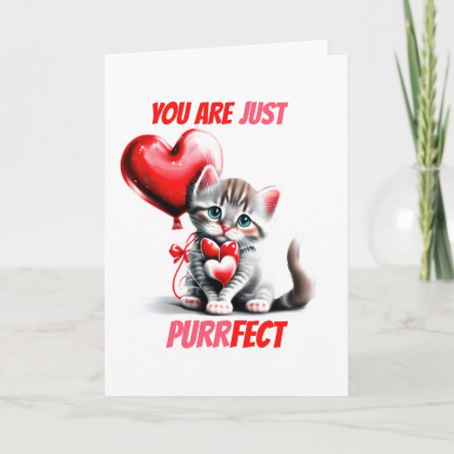 Cute kitten holding red heart just purrfect pun holiday card