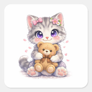 Cute Kitten Hugging Teddy Bear Square Sticker