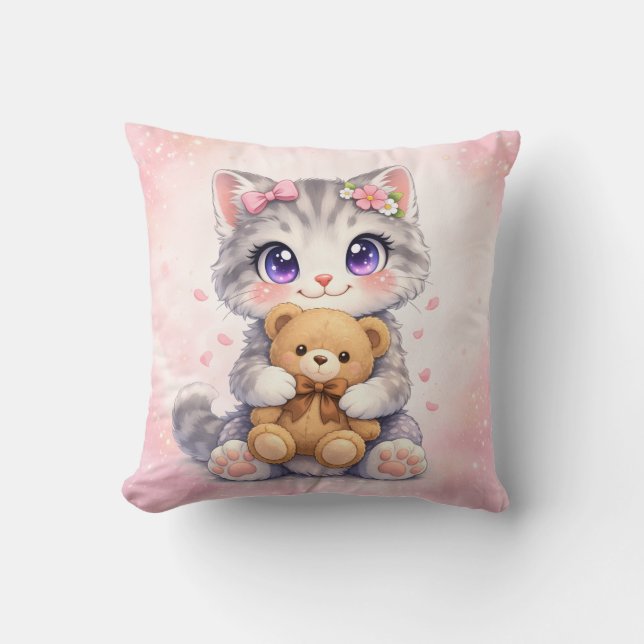 Cute Kitten Hugging Teddy Bear Square Throw Pillow (Front)