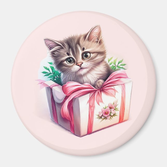 Cute Kitten in a Box Birthday Gift Magnet (Front)