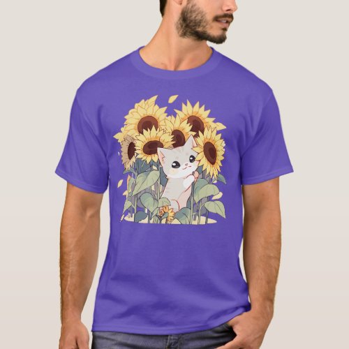 Cute kitten in a field of sunflowers T_Shirt
