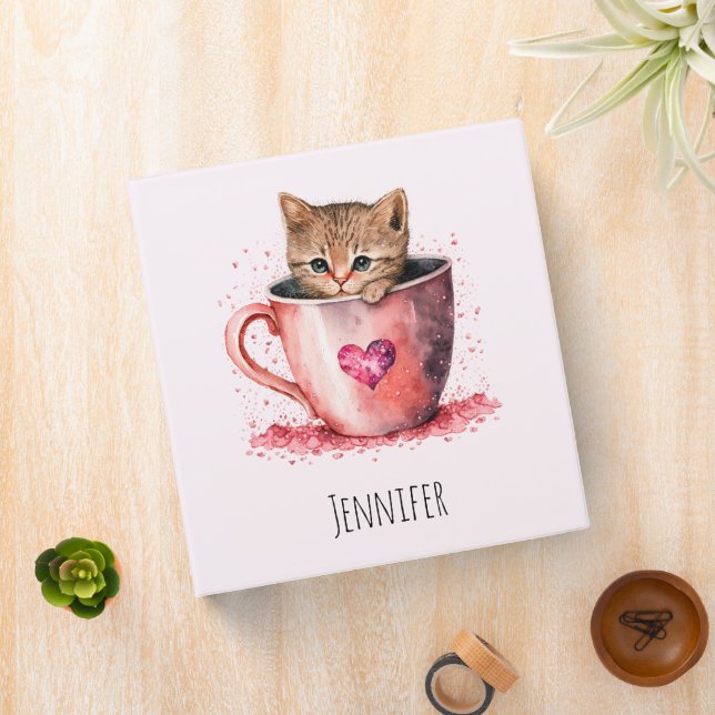 Cute Kitten in a Teacup with Hearts 3 Ring Binder (In Situ)