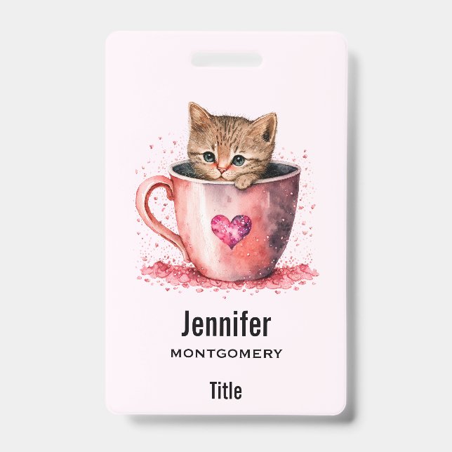Cute Kitten in a Teacup with Hearts Badge (Front)