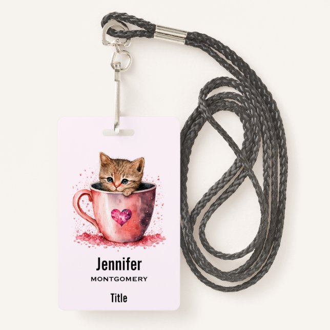 Cute Kitten in a Teacup with Hearts Badge (Front with Lanyard)