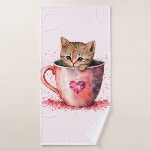 Cute Kitten in a Teacup with Hearts Bath Towel