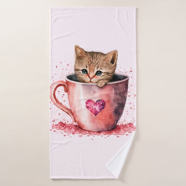 Cute Kitten in a Teacup with Hearts Bath Towel (Bath Towel)