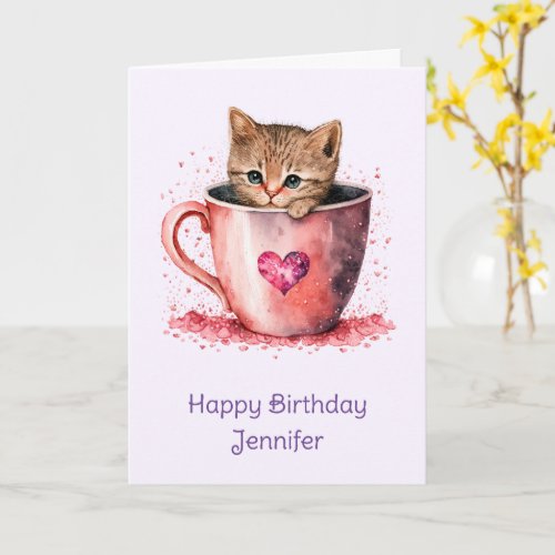 Cute Kitten in a Teacup with Hearts Birthday Card