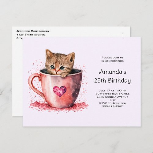 Cute Kitten in a Teacup with Hearts Birthday Invitation Postcard