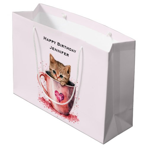 Cute Kitten in a Teacup with Hearts Birthday Large Gift Bag