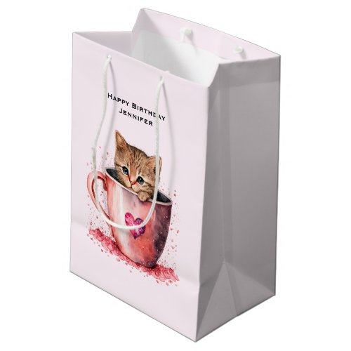 Cute Kitten in a Teacup with Hearts Birthday Medium Gift Bag