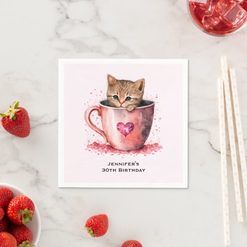 Cute Kitten in a Teacup with Hearts Birthday Napkins