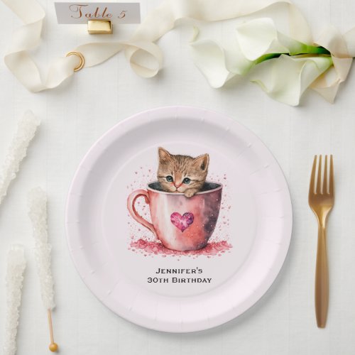 Cute Kitten in a Teacup with Hearts Birthday Paper Plates