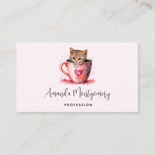 Cute Kitten in a Teacup with Hearts Business Card