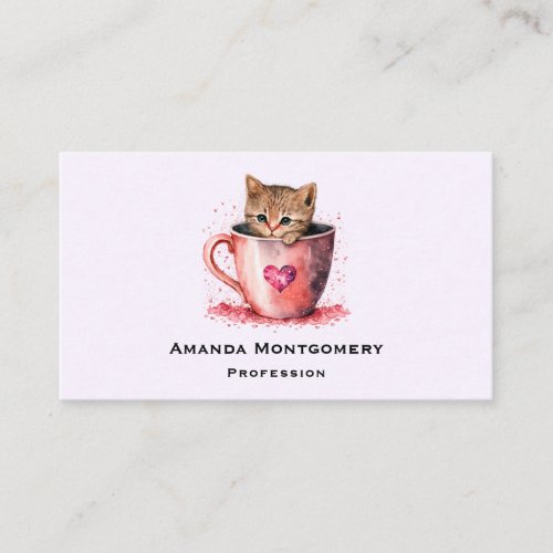 Cute Kitten in a Teacup with Hearts Business Card