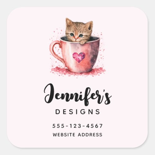 Cute Kitten in a Teacup with Hearts Business Square Sticker