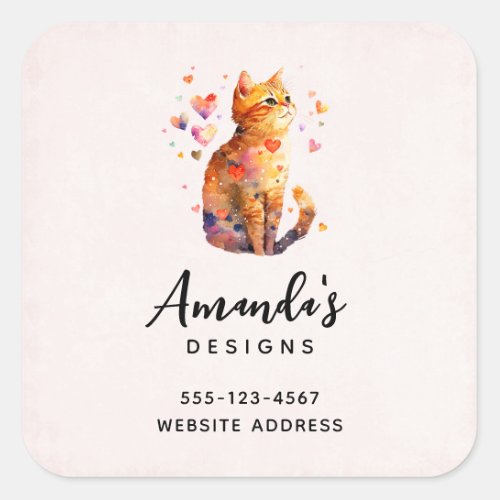 Cute Kitten in a Teacup with Hearts Business Square Sticker