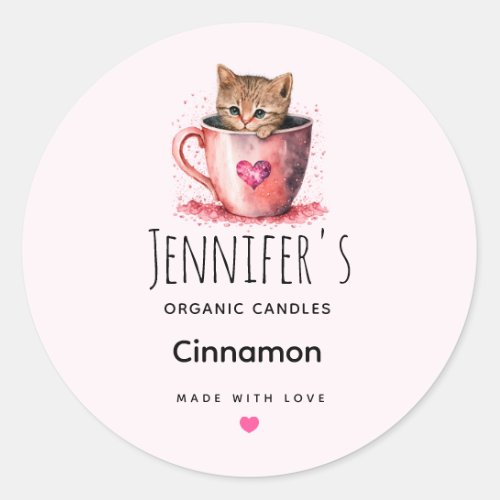Cute Kitten in a Teacup with Hearts Candle Craft Classic Round Sticker