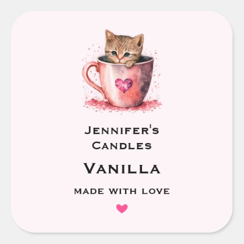 Cute Kitten in a Teacup with Hearts Candle Craft Square Sticker