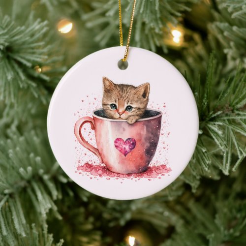 Cute Kitten in a Teacup with Hearts Ceramic Ornament