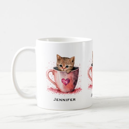 Cute Kitten in a Teacup with Hearts Coffee Mug