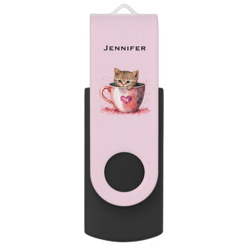 Cute Kitten in a Teacup with Hearts Flash Drive