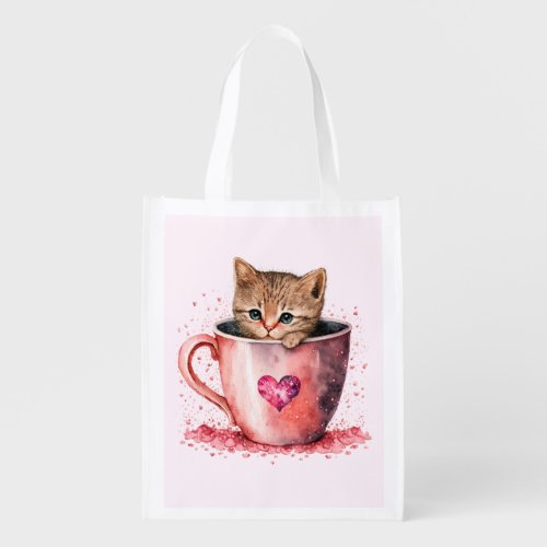 Cute Kitten in a Teacup with Hearts Grocery Bag