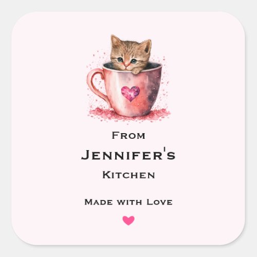 Cute Kitten in a Teacup with Hearts Kitchen Square Sticker