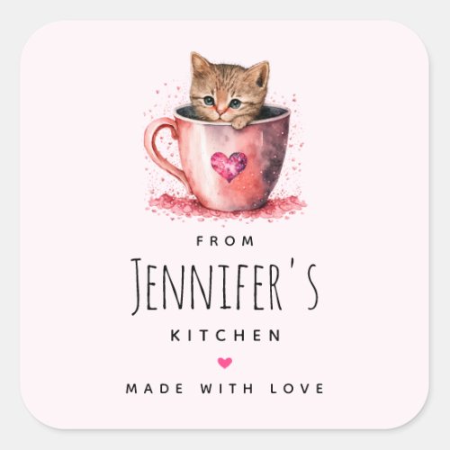 Cute Kitten in a Teacup with Hearts Kitchen Square Sticker